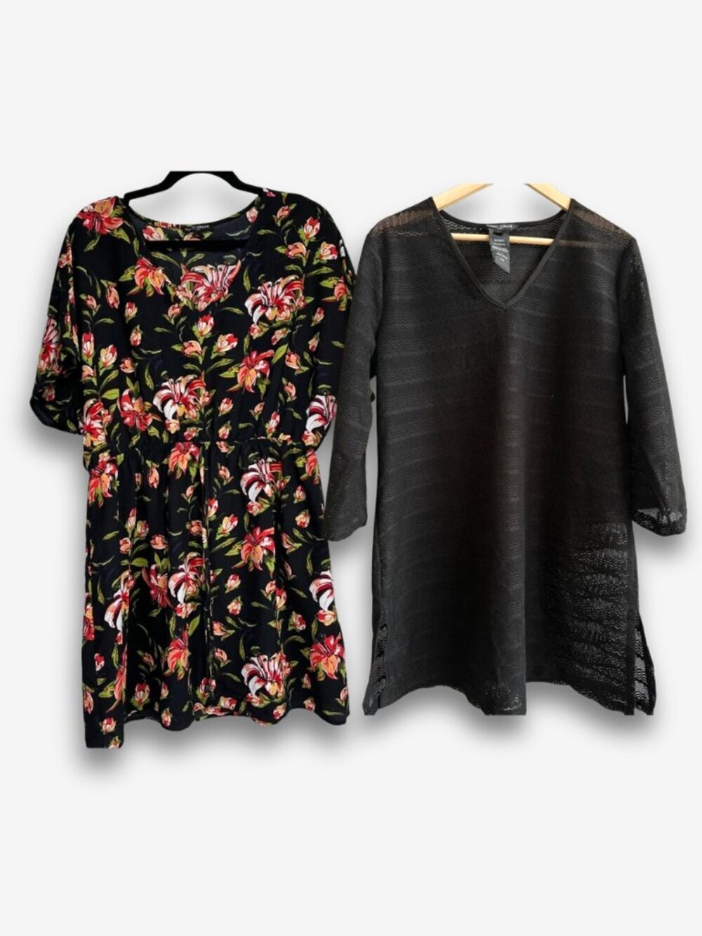 Mario Serrani 2 Pc Cover Up Set Large Floral Resort Dress Black Knit Tunic